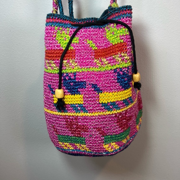 Wayuu Woven Bucket Bag Purse Pink Yellow Wood Bead Animal Print Cinch Close Boho - Picture 1 of 13